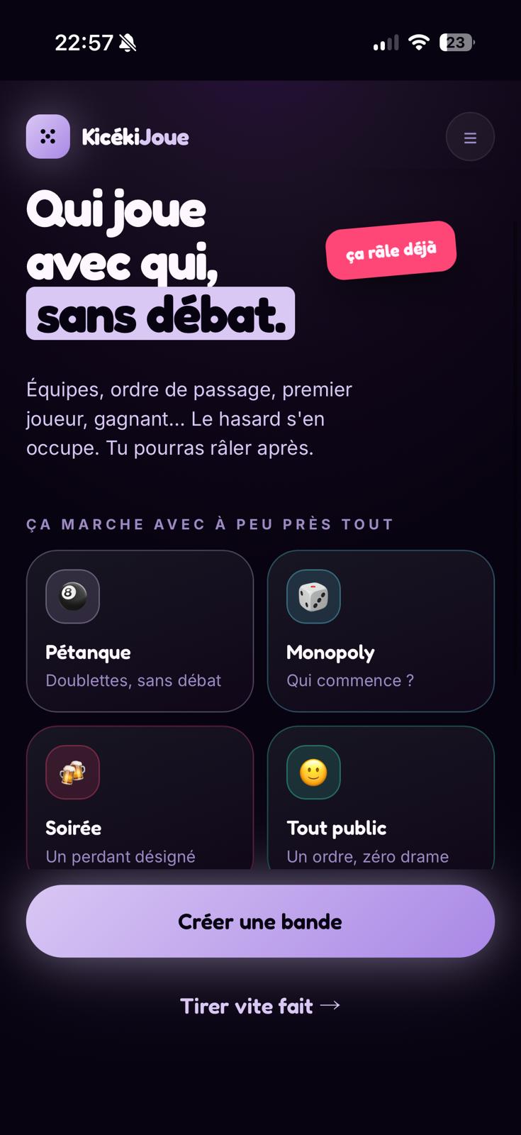 KicékiJoue : écran de création d'une bande pour tirer les équipes