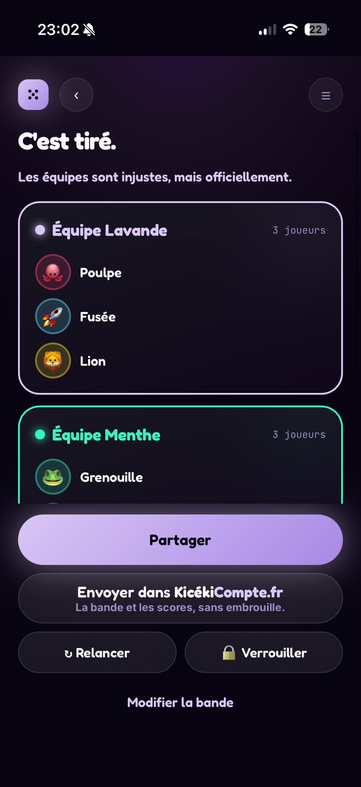 KicékiJoue : résultat de tirage avec équipes et partage vers KicékiCompte