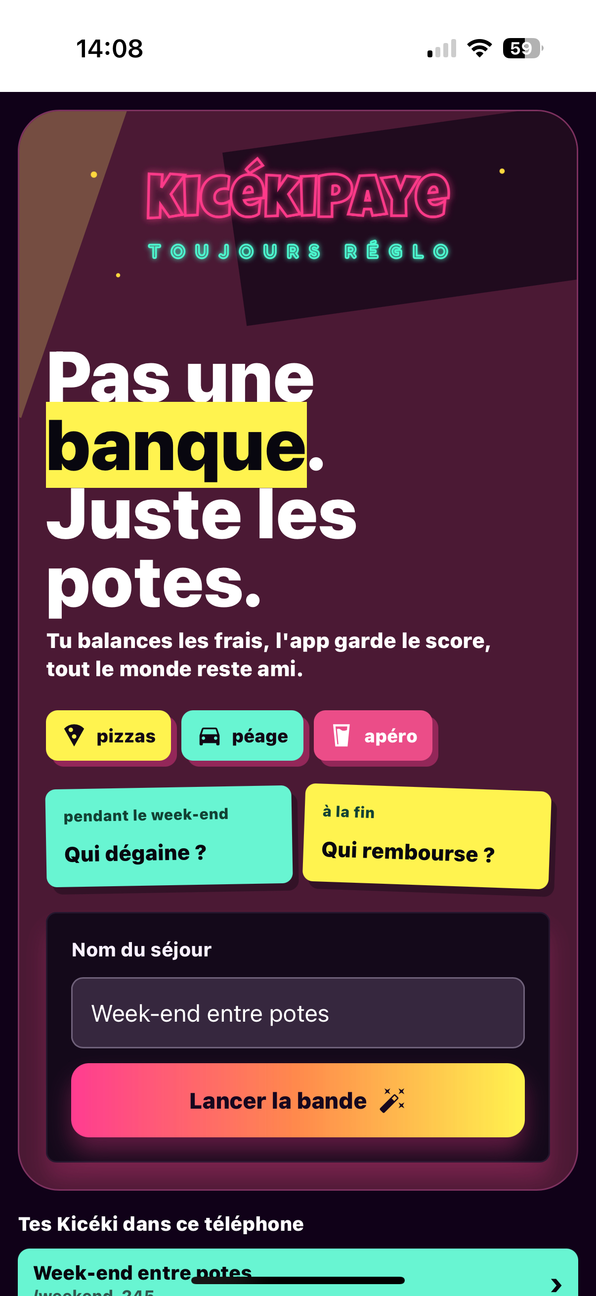 KicékiPaye sur mobile avec une liste de dépenses et remboursements